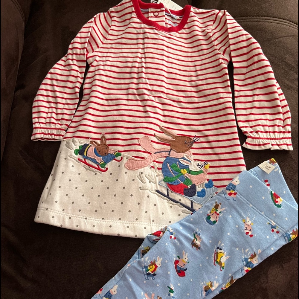 NWT Baby Boden girl set Sky Blue Snow Bunnies